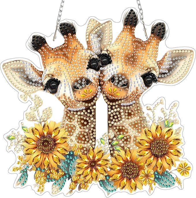 MXJSUA Diamond Art Hanging Kits for Adults Beginners, Giraffes DIY Acrylic Special Shaped Crystal Diamond Gem Art Pendant Drills Painting Ornament for Home Wall Decor and Gift