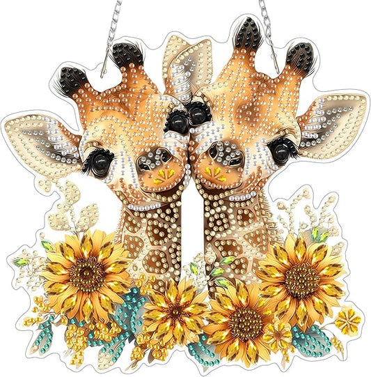 MXJSUA Diamond Art Hanging Kits for Adults Beginners, Giraffes DIY Acrylic Special Shaped Crystal Diamond Gem Art Pendant Drills Painting Ornament for Home Wall Decor and Gift