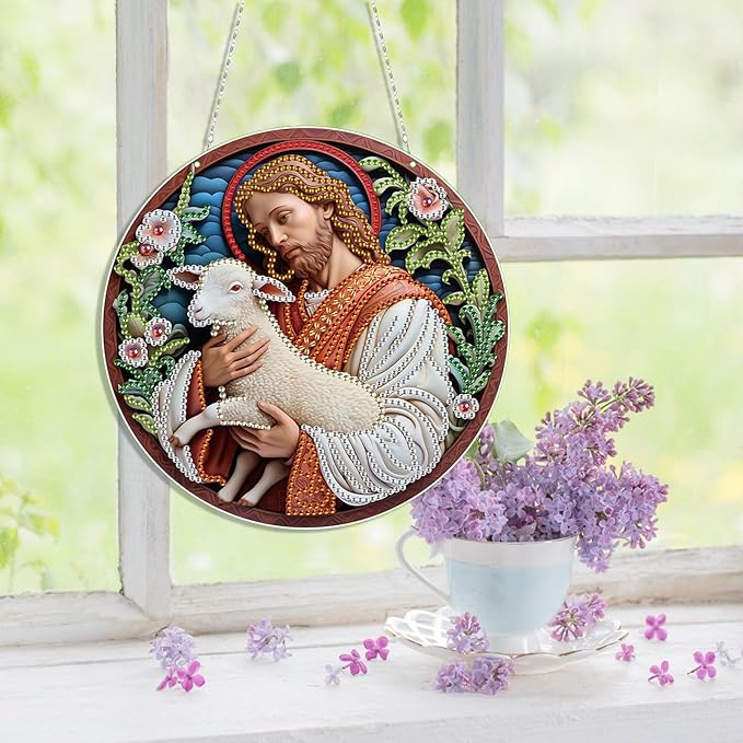 Generic DIY Hanging Diamond Pendant Special Shaped Crystal Diamond Art Painting Ornament Single Sided for Window Home Garden Wall Door Decor-Jesus