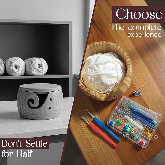 LE MIRIELLE - Wooden Yarn Bowl for Crochet – Crochet Holder + Complete Tools Kit, Gifts for, Large Bowl Organizer for Yarn, Hooks & Accessories