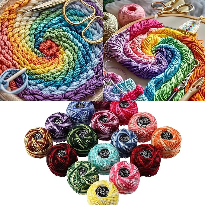 16 Rolls of Colorful Cotton Thread Ball Crochet Embroidery Rainbow Color Sewing Thread for Cross Stitch Crafts(Style 1)