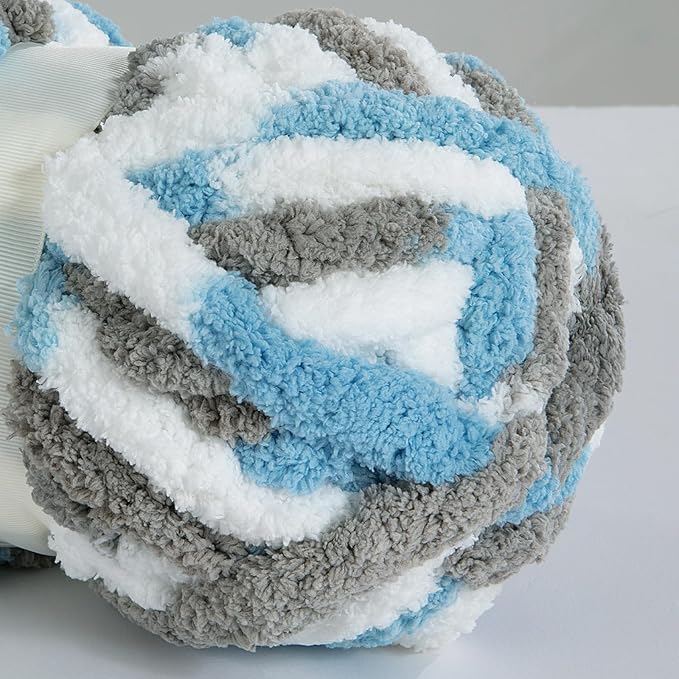 HOMBYS Chunky Tie Dye Mix Chenille Yarn for Hand Knitting, Super Bulky Jumbo Yarn for Crocheting, 3/4" Thick Soft Plush Yarn for Blankets, 8 Skein Pack (26 yds / 7.5 oz Each) Blue,Grey,White