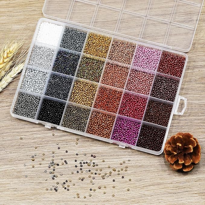 12/0 Glass Seed Beads About 15800pcs 24 Colors 2mm Loose Seed Beads Kit Bracelet Making with 24-Grid Plastic Storage Box for Jewelry Making（24 Colors）