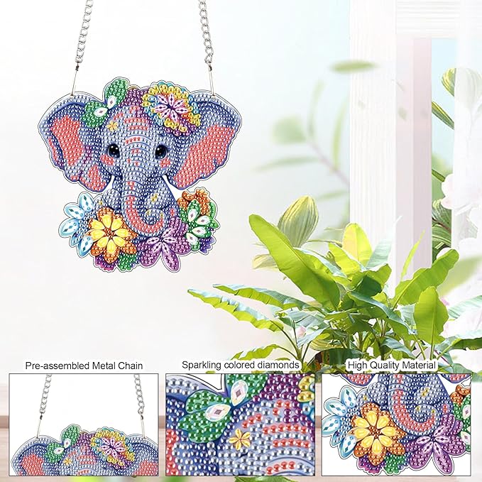Elephant Diamond Painting Hanging Kit, DIY 5D Crystal Acrylic Pendant Ornament, Diamond Art Window and Wall Hanging for Adults, Elephant DIY Diamond Painting Art, Handmade Home Décor Gift