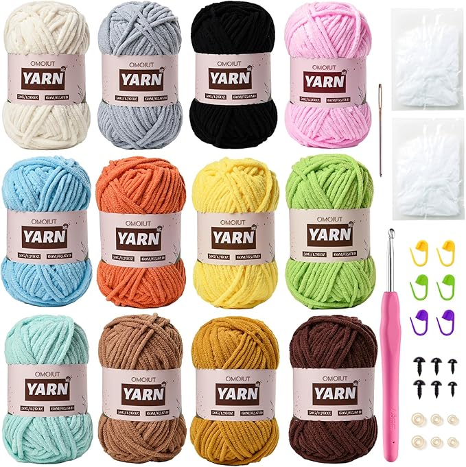 Chenille Velvet Yarn - 12 Pack Baby Yarn Set for Crocheting & Amigurumi - 600g (787yd), Crochet Hooks, Stitch Markers, Fluffy Stuffing, Accessories