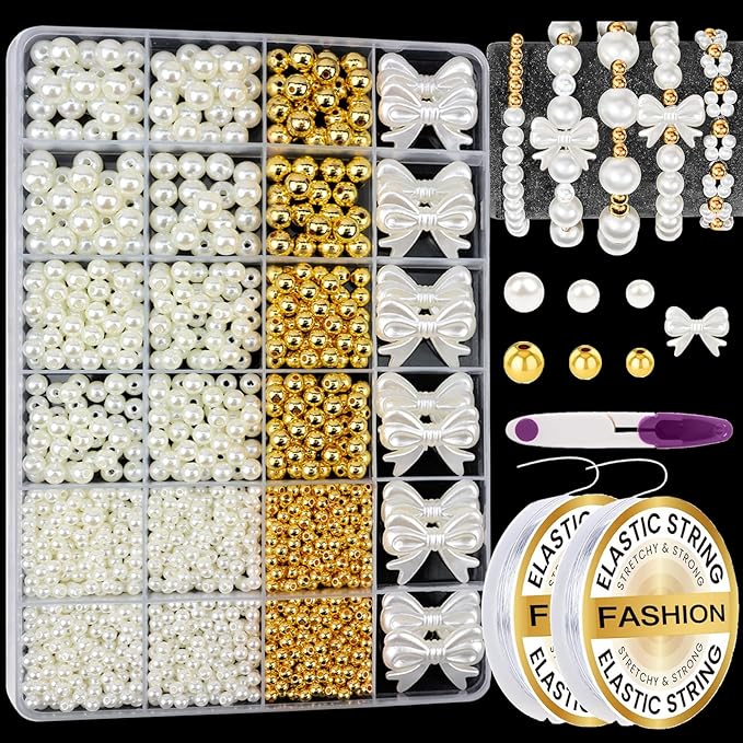 1662 Pcs Pearl Beads for Bracelet Making Kit Gold Spacer Beads for Jewelry Making Pearl Bow Bracelet Bead Charms Necklace Earrings DIY Craft for Women Adult Pearls Bead for Crafting