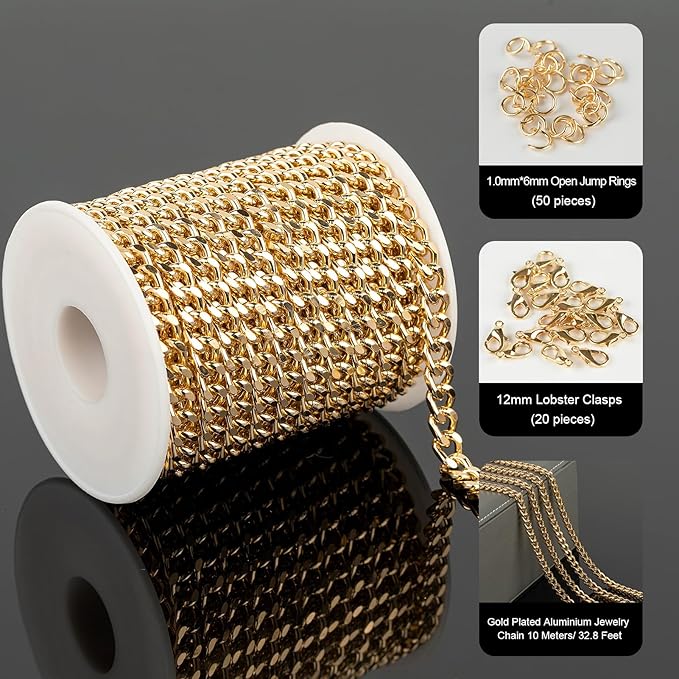 YOUBEIYEE 33 Feet Gold Cuban Link Chain for Men and Women Necklace DIY Gold Plated Aluminum Jewelry Chains Bulk with Jump Rings and Lobster Clasps