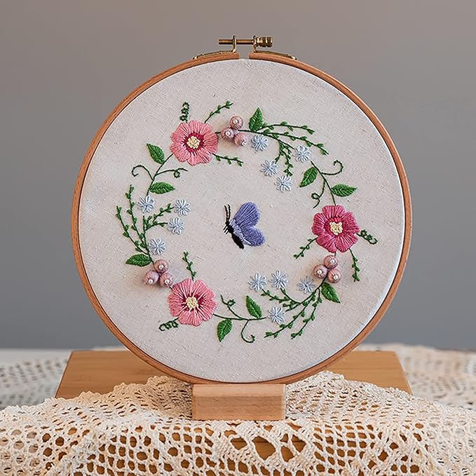 ebherys level-2: 4sets a pack, hand embroidery kit for adults, not cross stitch,lovely flowers, green plants and bird patterns, needlework diy kits, hoops, needle threader and frame(garland)
