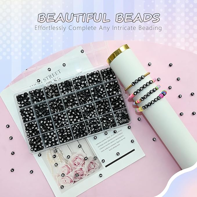 1400pcs Black Letter Beads Star and Heart Beads 7x4mm Alphabet for Jewelry Making