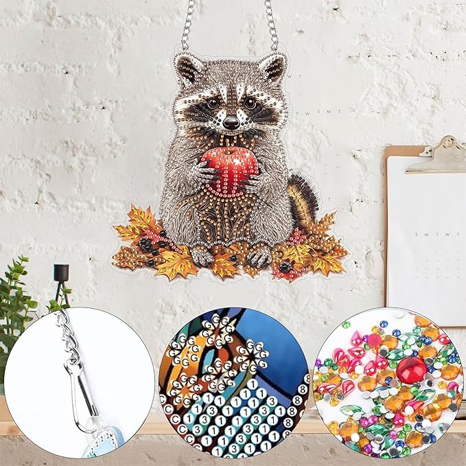 Yomiie Raccoon Animal Sun Catcher Window Hanging - DIY Double Sided Diamond Painting Pendant Kits for Adults, 5D Acrylic Diamonds Art Ornament for Indoor/Outdoor Garden Home Autumn Decor (8x8 inch)