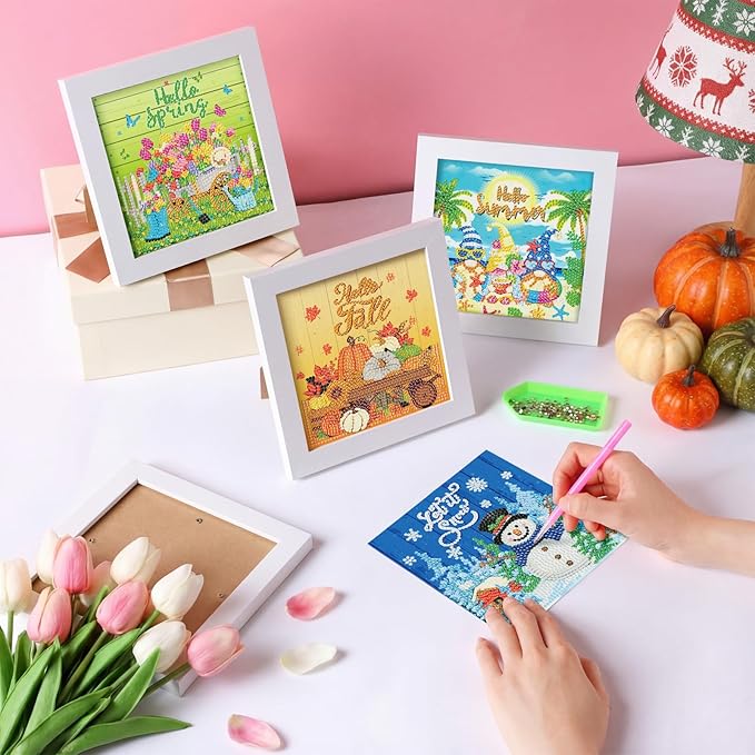 Geyoga 4 Pcs Seasonal Holiday Diamond Art Kits for Adults 5d Seasonal Diamond Painting Kits with Frame for Beginner Kids Arts and Crafts Rhinestone Gem Art Table Decor Gift 7 x 7 Inch