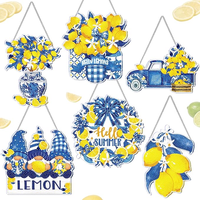 Zonon 6 Pcs Lemon Diamond Art Hanging Sign Decor Summer Capri Lemon Diamond Painting Kits Blue Yellow Adult DIY Craft Art Acrylic Hanging Pendant Ornaments Wreath for Wall Window Home Decorations