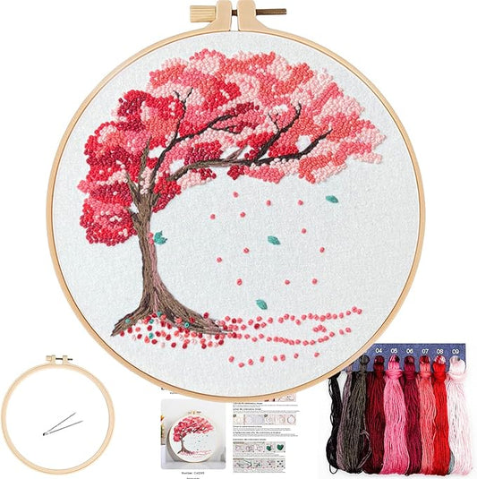FONNUY Crewel Embroidery Kit for Beginners, Seasonal Tree Pre-Stamped Pattern Kits for Adults with Hoop, Easy to Follow Color Thread Needlework, 8'' (Pink)