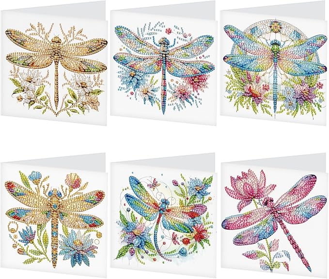 6pcs 5D DIY Diamond Painting Kit Greeting Card,Diamond Handmade Greeting Card with Envelope, Holiday Gift Congratulations Colourful Dragonfly