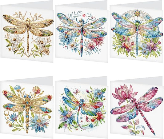 6pcs 5D DIY Diamond Painting Kit Greeting Card,Diamond Handmade Greeting Card with Envelope, Holiday Gift Congratulations Colourful Dragonfly