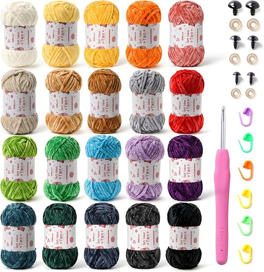 20 Pack Chenille Chunky Yarn - Baby Yarn for Crocheting Soft - White Black Brown Green Red Pink Blue Rainbow Velvet Yarns Crochet Blanket - Amigurumi Yarns Pack with Crochet Accessories B
