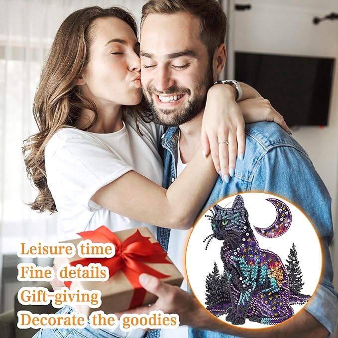 Ginfonr Diamond Painting Kits Hanging Pendant, Black Cat Diamond Art Kits for Adults, Special Shaped Rhinestone Animals Diamond Art, Double Sided Home Hanging Kits for Garden Wall Window (8 x 8inch)