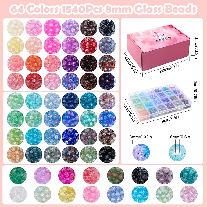 ufu 8mm glass beads bracelet making kit, 1540+ pcs 64 colors crackle glass beads for jewelry making, round crystal beads for bracelets necklace earrings diy crafts gifts