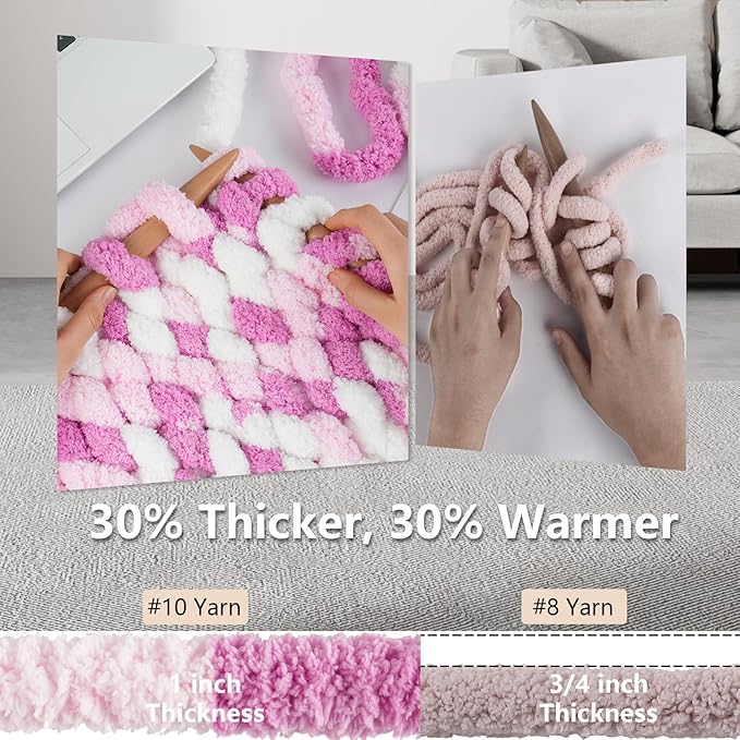 Chunky Yarn for Hand Knitting - #10 Chunky Chenille Blanket Yarn, Jumbo Big Thick Chunky Yarns for Crocheting, Tie Dye Bulky Knit Yarns, 8 Skein (25 yds 8 oz Each Skein), White & Pink & Rose