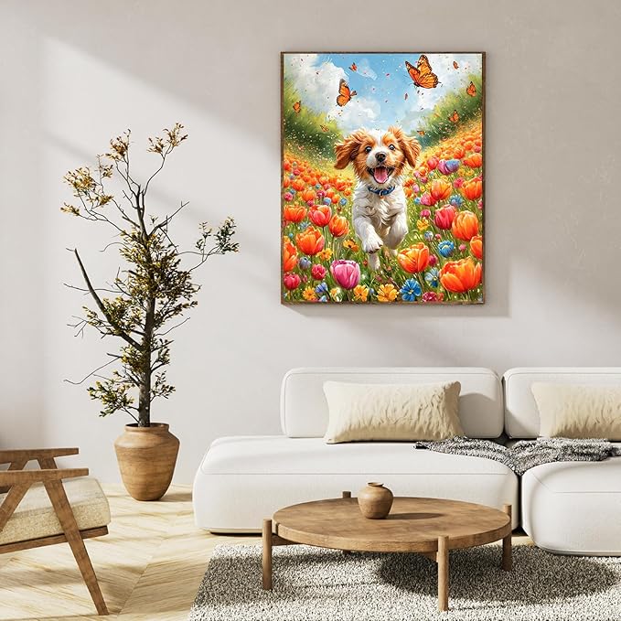 Okarina Paint by Numbers Kit for Adults Beginner Dog, Flowers Adult Paint by Number Kits on Canvas, Happy Puppy DIY Acrylic Oil Painting by Numbers for Adults, Perfect for Home Wall Decor 16X20 Inch