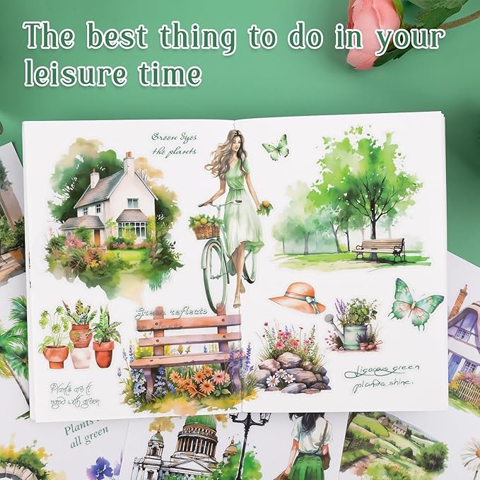 Green Journaling Supplies Sticker, 20 Sheets Scrapbook Sticker Book, Junk Journal Kits Pre-cut Watercolor Scrapbooking Supplies for Adults Planner Cottagecore Decorative DIY Craft Project, 182PCS