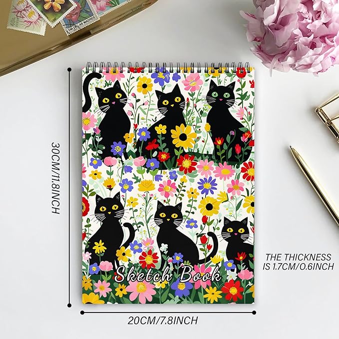 Cabreche Cute Sketchbook Top Spiral Bound Sketch Pad, 9 x 12 inch,100GSM Thick Paper,50 Sheets 100 Pages,Art Sketch Book Artistic Writing Drawing Paper for Girls Women Beginners-Flower Cat