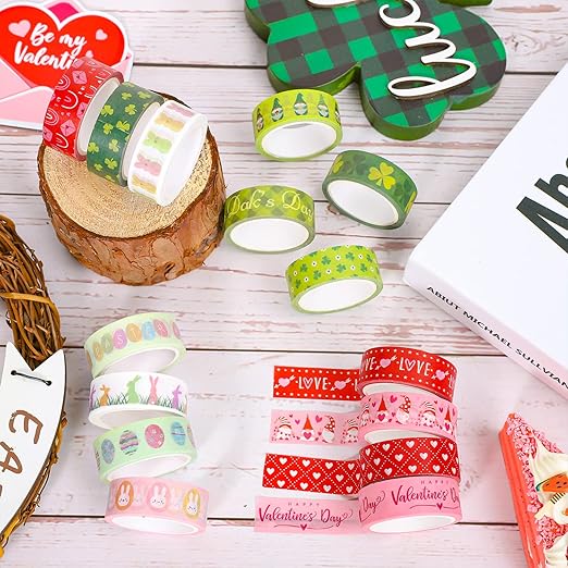 Whaline 24 Rolls Holiday Washi Tape Set St. Patrick's Day Shamrock Easter Egg Masking Tape 15mm Green Clover Happy Easter Valentines Decorative Paper Stickers for Scrapbook DIY Craft, 16.4 Ft