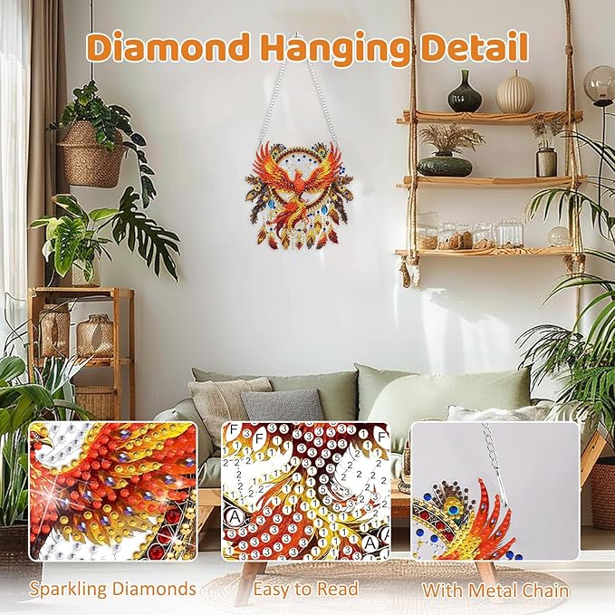 MEIYUDA Dreamcatcher Diamond Art Hanging Kits for Adult, Firebird Diamond Painting Hanging Kits Ornaments, DIY Phoenix Special Shaped Rhinestone Window Pendants kit for Home Garden Wall Decor Gift
