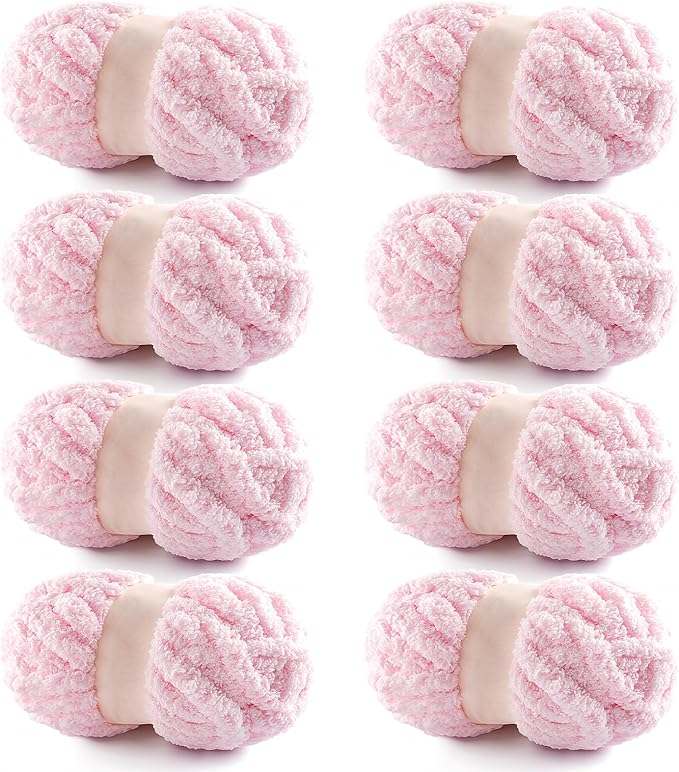 8 Pack Chunky Yarn for Hand Knitting - Chunky Chenille Blanket Yarn for Crocheting - Jumbo Fluffy Yarn for Crochet - Super Bulky Yarn 25 yds 7.7 oz Each Skein (Light Pink)