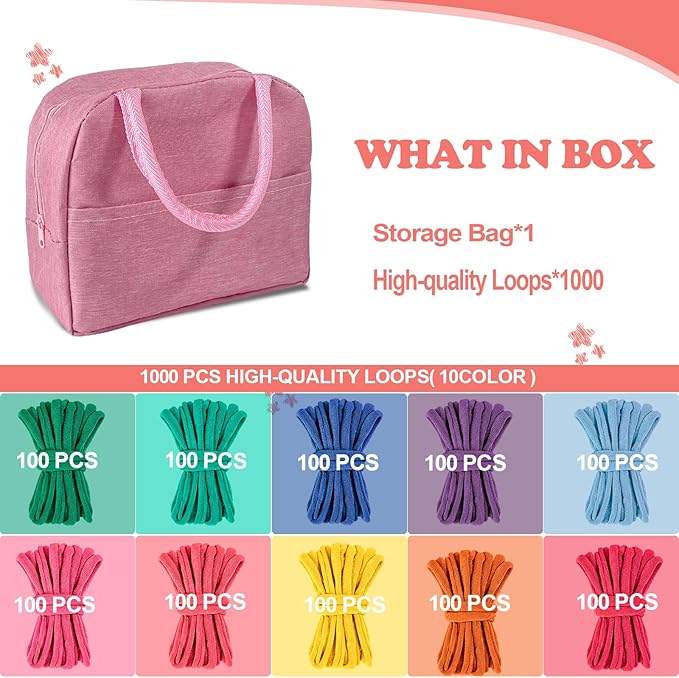 huoszpk 1000 pcs weaving loom loops with storage bag-10 color potholder 7 inch durable nylon diy crafts projects for rainbow loops flexible loom kit