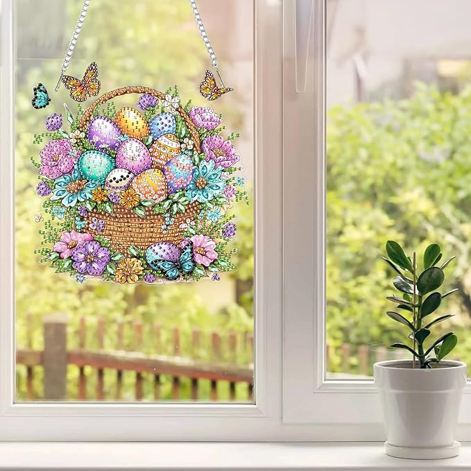 MAXBYE Easter Hanging Diamond Art Kits for Adults Colorful Eggs with Butterflies, Special Crystal Double Sided Pendant DIY Diamond Art Painting Kits for Beginners Gift Wall Home Decoration 8×12Inch