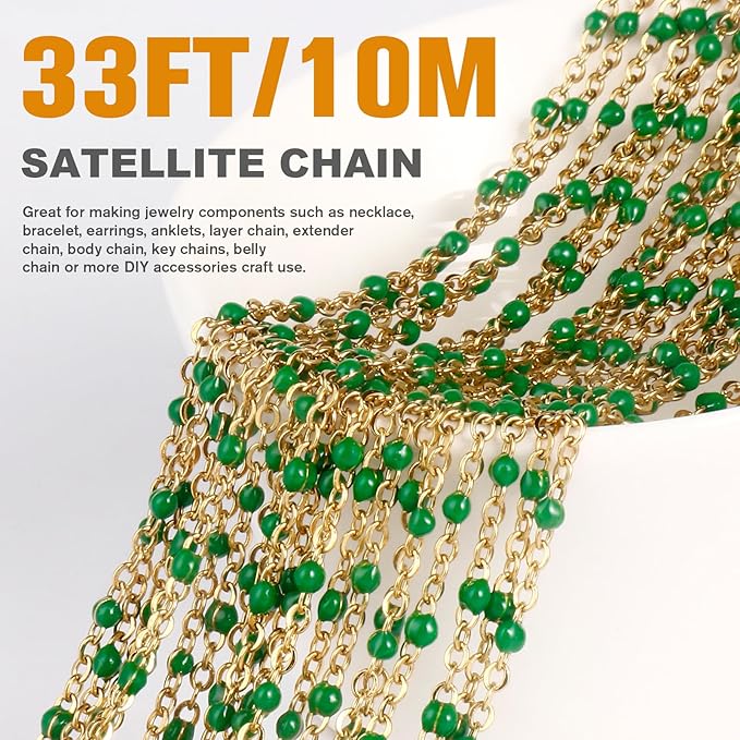 33 Feet Gold Enamel Chains Bulk, 2mm 18K Gold PVD Plated 304 Stainless Steel Green Enamel Beaded Cable Link Chain Roll Spool for Jewelry Making