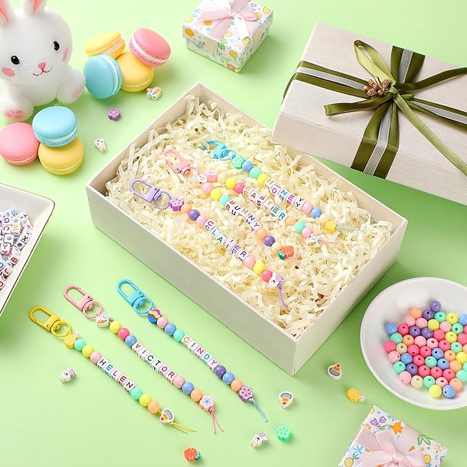 Landical 564 Pcs Easter Bead Keychain Kit DIY Easter Basket Name Tags Key Chain Making Craft Adjustable Letter Beads String Gift Alphabet Jewelry Backpack Accessories Spring Party Favor Decoration