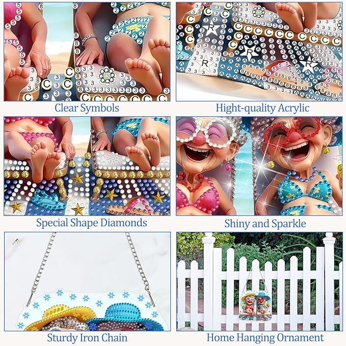 CEOVR Happy Grandma Hanging Diamond Art for Adults, Summer Beach Diamond Painting Pendant DIY Gem Art Wall Ornament, Acrylic Home Garden Decor with Chain, Box Kit 7.87×7.39inch