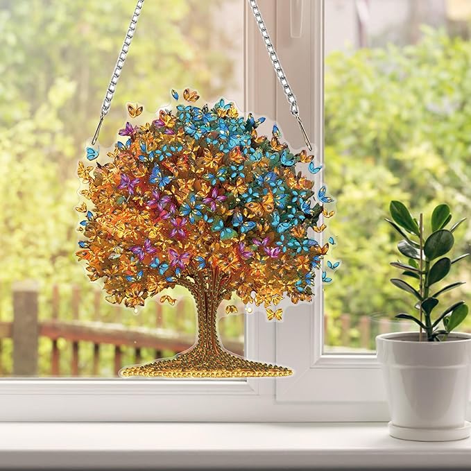 HEIBAGO Tree of Life Diamond Art Hanging Kits for Adults,Butterfly Diamond Art Suncatchers,5D Special Shape Diamond Painting Pendant,DIY Window Ornament Gifts for Home Garden Door Wall Decor 8.3x8.3In