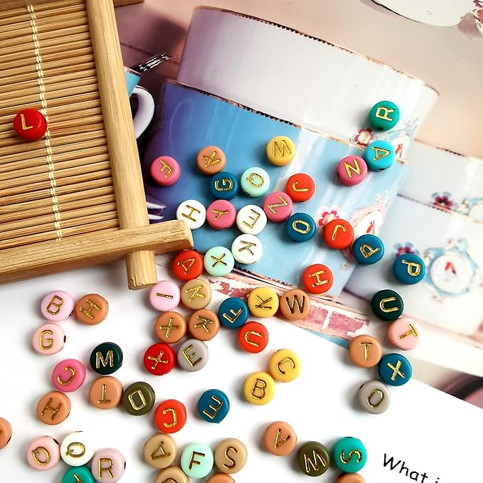 Amaney 1000pcs 4x7mm Alphabet Letter Beads Heart Star Moon Beads Gold on Colors and Beading Cords for Jewelry Making