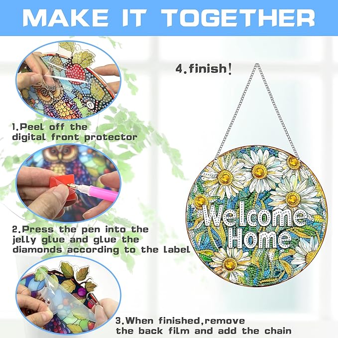 VAIIEYO Welcome Diamond Art Hanging Ornament, Chrysanthemum Diamond Painting Suncatchers Window Hanging Kit with Chain, 7.5x7.5 inch Crystal Pendant Art Craft for Gift Home Wall Front Door Decoration