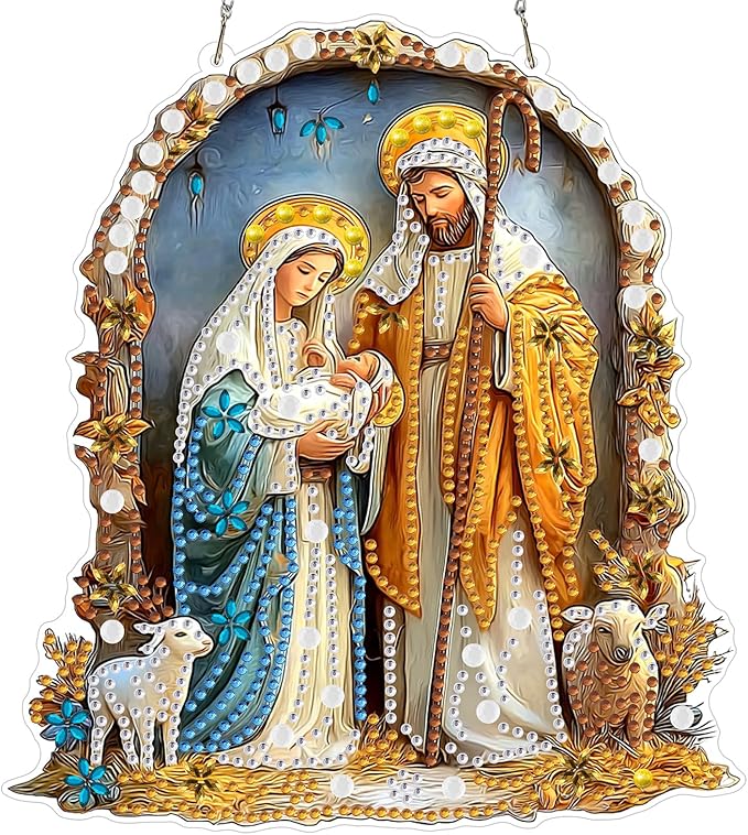 MXJSUA Diamond Art Hanging Kits for Adults Beginners, DIY Acrylic 5D Special Shaped Crystal Diamond Gem Art Painting Hanging Ornament for Home Wall Decor and Gift Nativity Jesus