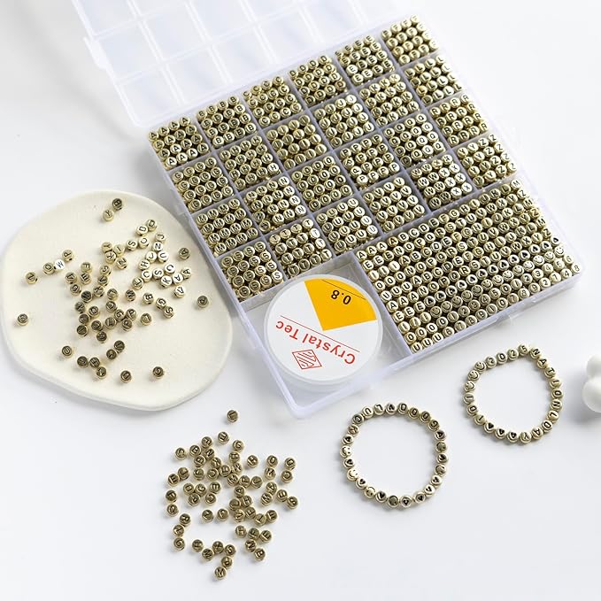 nikkiGuo 1250 PCS Letter Beads Kit with Elastic Cord – Alphabet A–Z, Numbers, Heart, Moon, Star, Smiley Beads for Friendship Bracelets & DIY Jewelry (Golden Beats & Black Letters)
