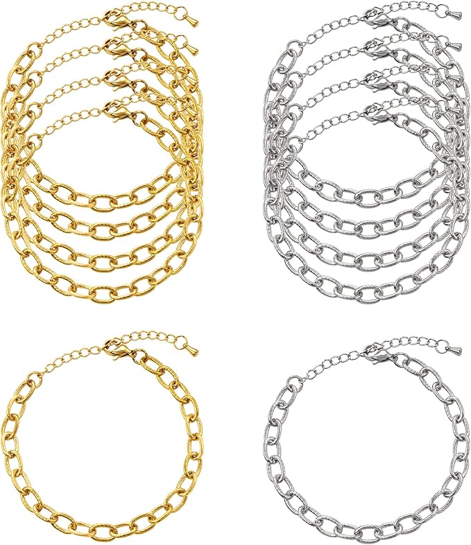 KYUNHOO 6.7 Inches Bracelet Chain for Jewelry Making 10pcs Stainless Steel Jewelry Links on Bulk Silver and Gold Plated Embossed Oval Chains for Bracelets DIY with Extender