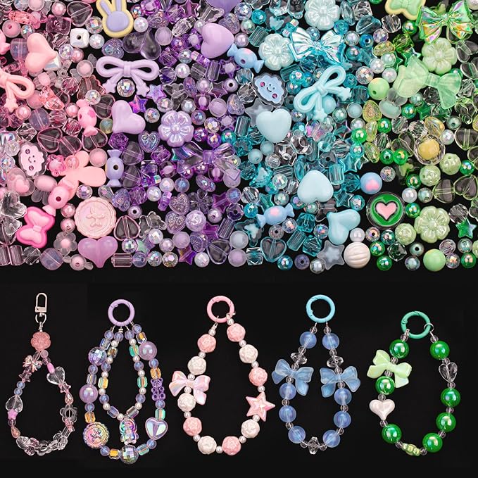LAIDANLA 4 Color Assorted Acrylic Beads for Bracelets, Random Cute Beads Aesthetic Flower Star Heart Bow Butterfly Bear Candy Mix Beads for Jewelry Making DIY Necklace Keychain 180g