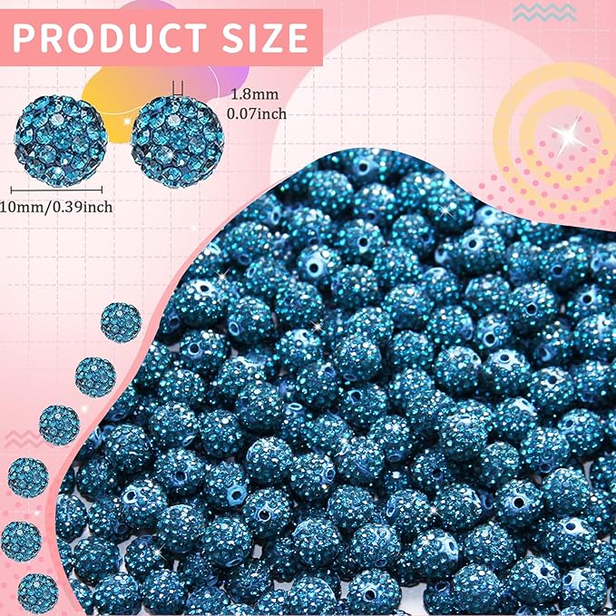 200 Pcs 10mm Rhinestone Beads for Jewelry Making, Ink Blue Shiny Round Shamballa Disco Baseball Necklace Beads Sparkle Crystal Clay Pave Rhinestones Bead for DIY Bracelet Earring Craft Making Supplies