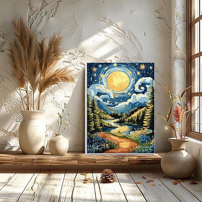 GHHKUD Landscape Paint by Numbers with Frame for Adults Beginners, DIY Moon Paint by Numbers for Age 6-12, Art on Canvas Gifts Home Wall Decor 8x12in