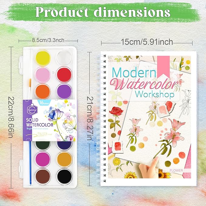 Beginners Watercolor Workbook for Adults -Step-by-Step Coloring Book Set-12 coloring book pages - Includes 16 color blocks and a brush - Professional Watercolor Paper: 300gsm/140lb (Flowers)
