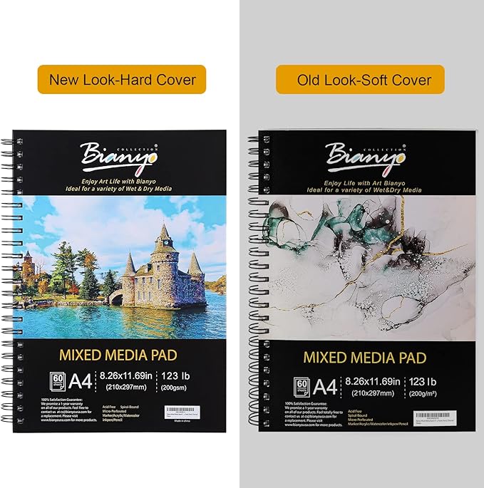 bianyo mixed media paper pad, a4 (8.26" x 11.69"), 60 sheets/each, 123 lb/200 gsm, pack of 1 pad, spiral-bound pad, ideal for wet & dry media like art marker, watercolor, acrylic, pastel, pencil