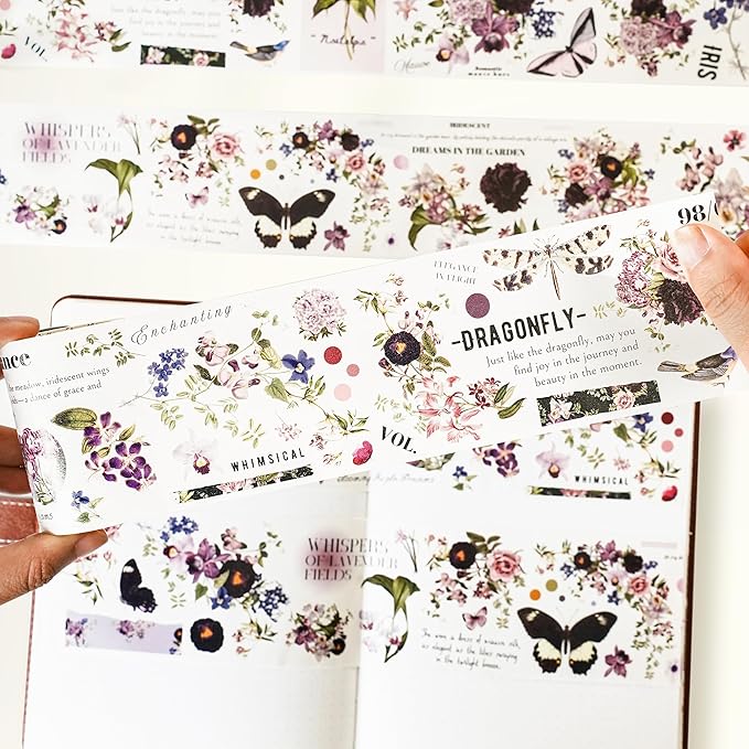 WT Pre-Cut Violet Veil Wide PET Tape, Single Roll, Soft Lilac Blossoms & Misty Backgrounds with Elegant Script, Transparent Decorative Tape for Journaling, Scrapbooking, Planner, DIY Crafts, 65mm x 5m