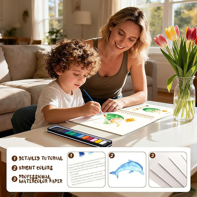 Watercolor Workbook for Adults, Beginner Friendly Watercolor Painting Kit Tropical Water Coloring Book, Nature-Themed Practice Art Gift Water Color Paint Book with Palette and Brush