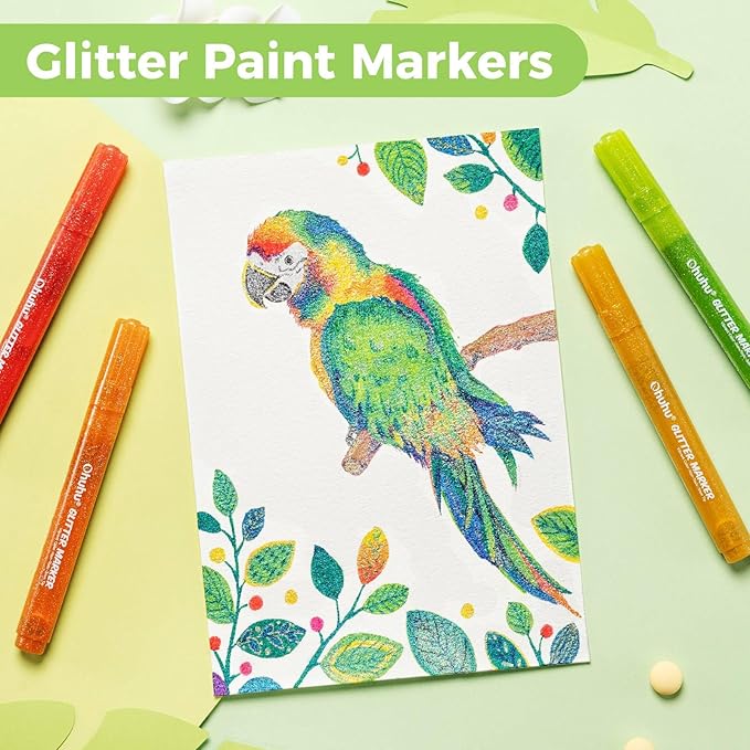 Ohuhu Glitter Markers Pen: 12 Glitter Colors Metallic Shimmer Marker Round Tip Water-based Ink for Kids Adults DIY Crafts Greeting Birthday Cards Making Mugs Wood Medium Tip 3.0mm