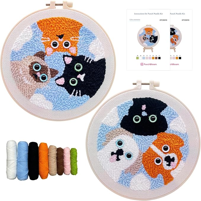 Punch Needle Kit for Adult Beginner, 2-Pack Puppy & Cat Punch Starter Set with Instructions – Yarn Needle Punch Craft for Xmas Gift Idea & Home Wall Decor
