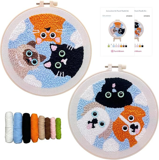 Punch Needle Kit for Adult Beginner, 2-Pack Puppy & Cat Punch Starter Set with Instructions – Yarn Needle Punch Craft for Xmas Gift Idea & Home Wall Decor